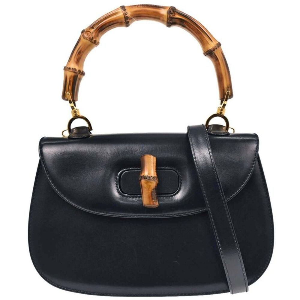 Gucci Vintage Convertible Bamboo Top Handle Leather Navy Leather Handbag